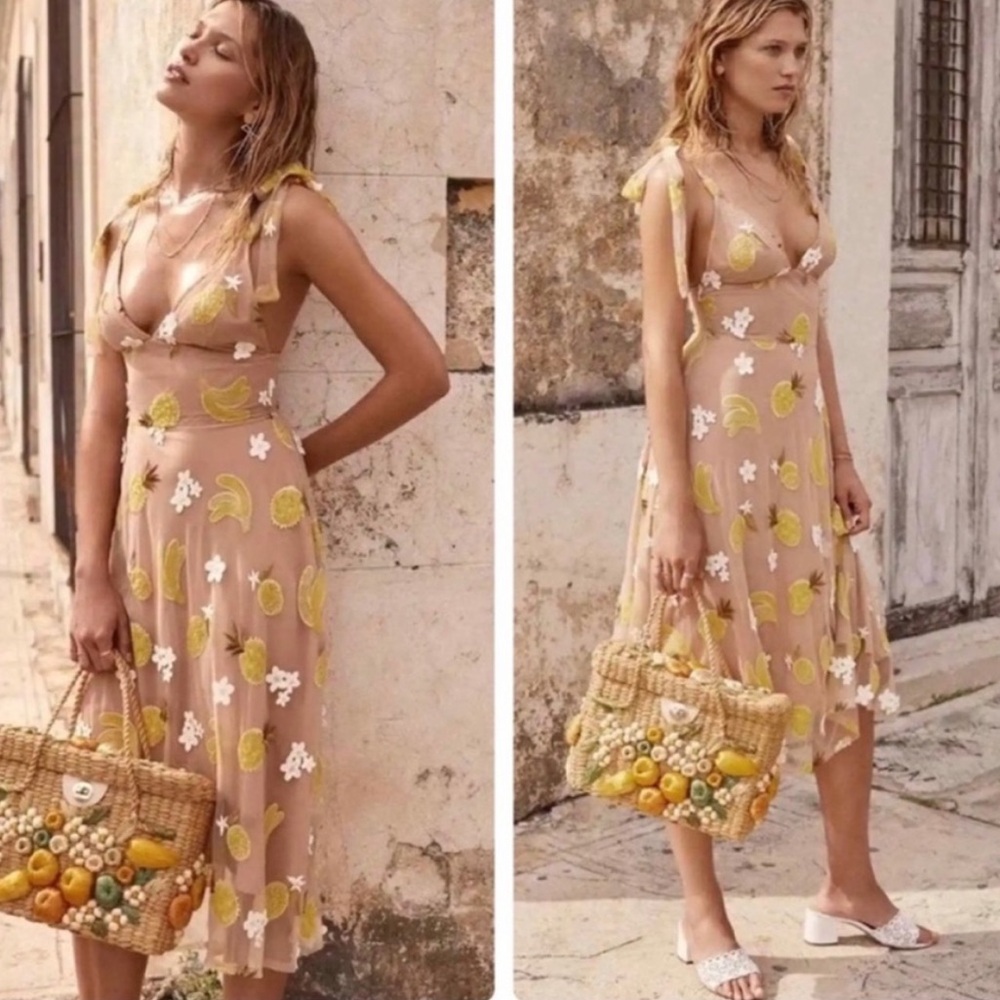 For Love & Lemons Fruit Punch Embroidered Sequin Dress Midi Tan Yellow Size S